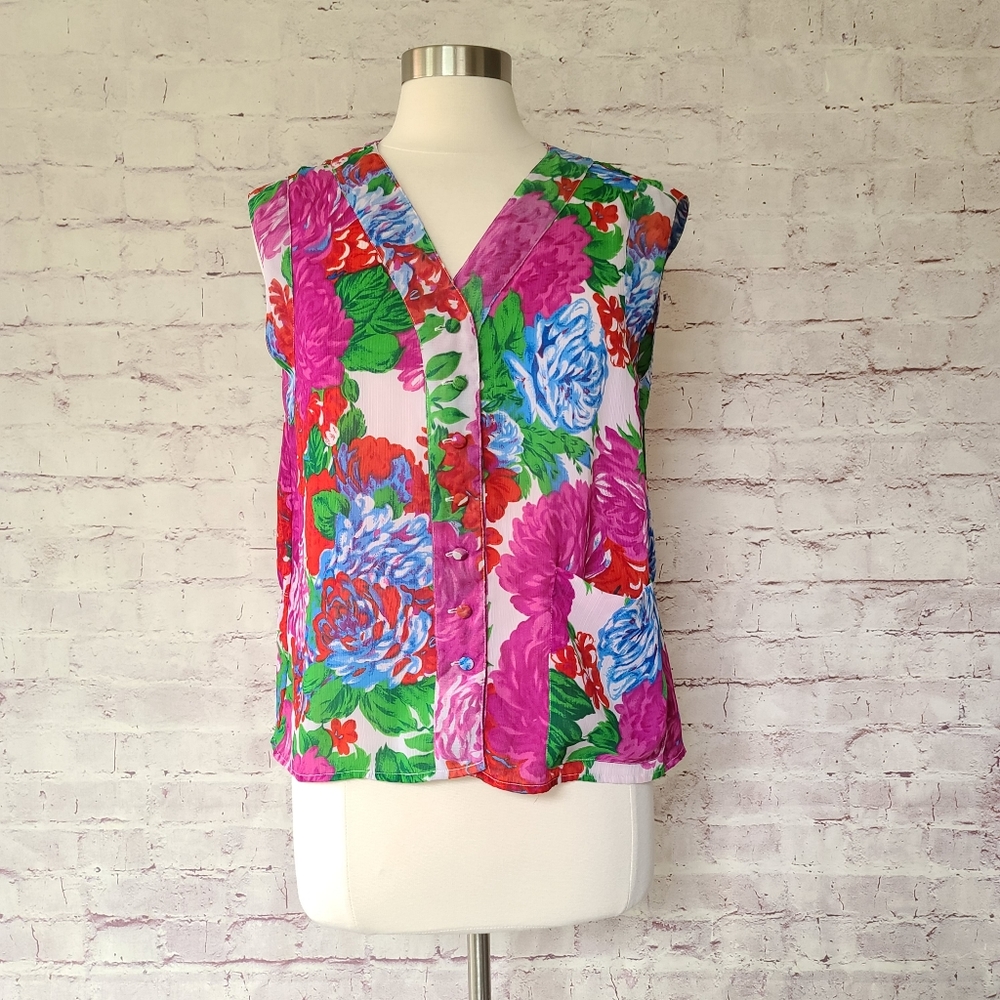 Vintage Victoria's Secret Gold Label Bold Floral Button Front Tank Top Small